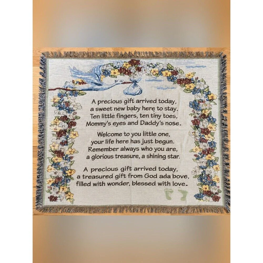 Vintage Baby Blessing Woven Tapestry Throw Blanket 38x52 Fringe Stork Nursery